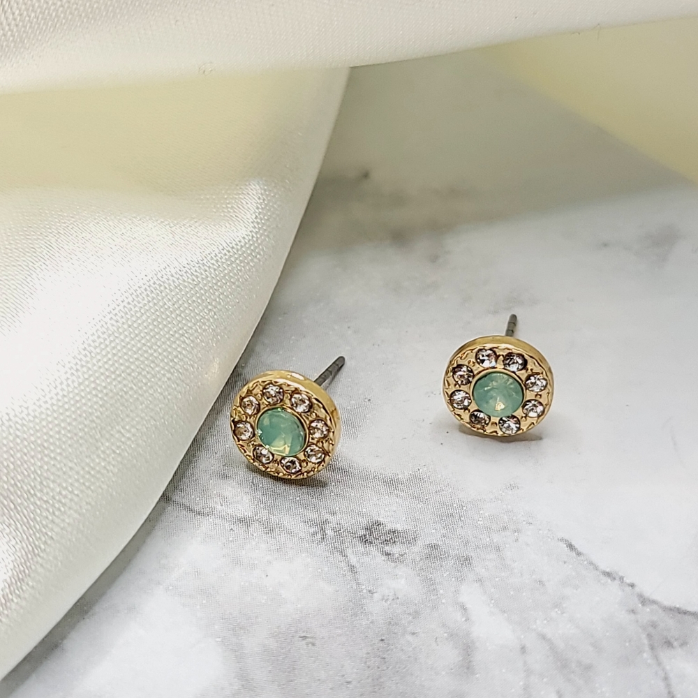 Gold Seafoam Diamond Halo Rhinestone Stud Button Earrings